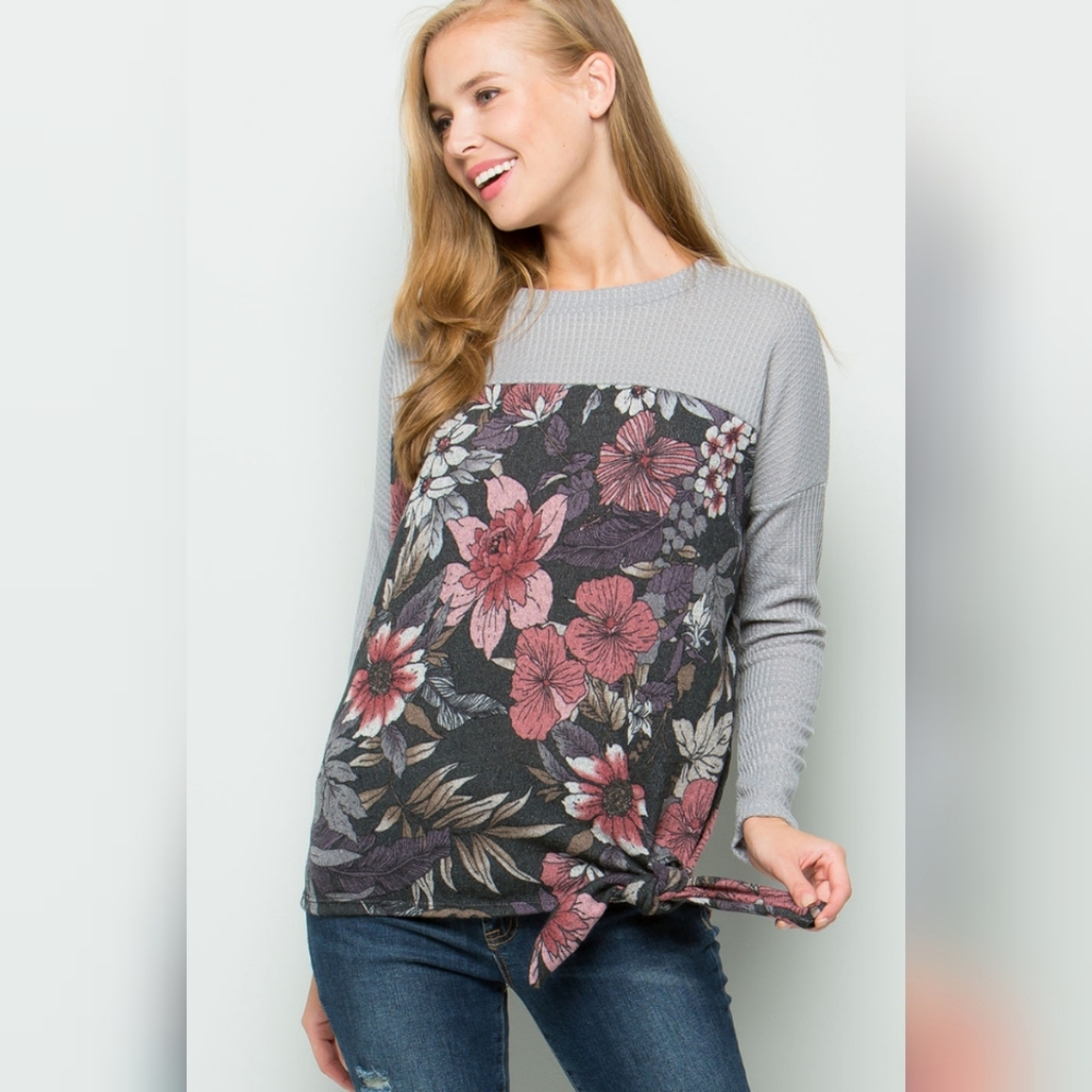 ee:some DUAL FABRIC SELF TIE HEM KNIT TOP - Picture 1 of 6